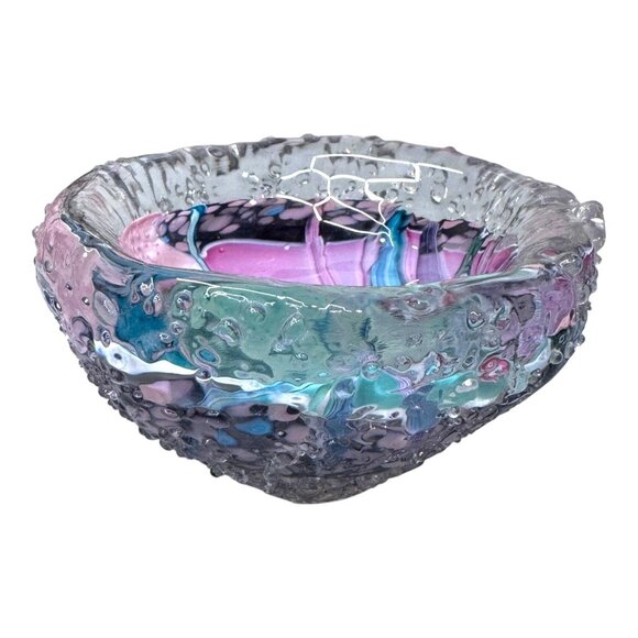 Peter Patterson Jellyfish Handblown Millefiori Glass Art Bowl Pastel Marbled 6" - Picture 3 of 7